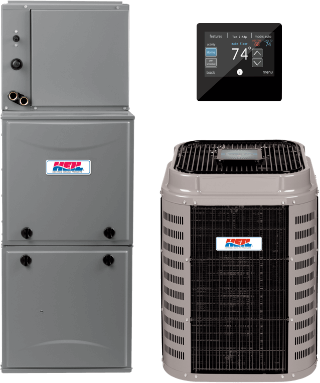 A picture of a furnace and an air conditioning unit